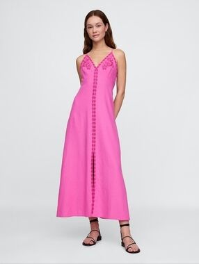 Gap Linen-Blend Embroidered Halter Maxi Dress Phoebe Pink MP